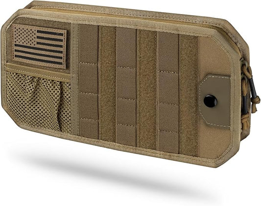 LIVANS Tactical Car Sun Visor Organizer, Automotive Semi-Rigid MOLLE Panel with Zipper Storage Pouch & Glasses Clip, Universal Fit for Trucks, SUVs, Jeeps & Patrol Vehicles (Khaki)
