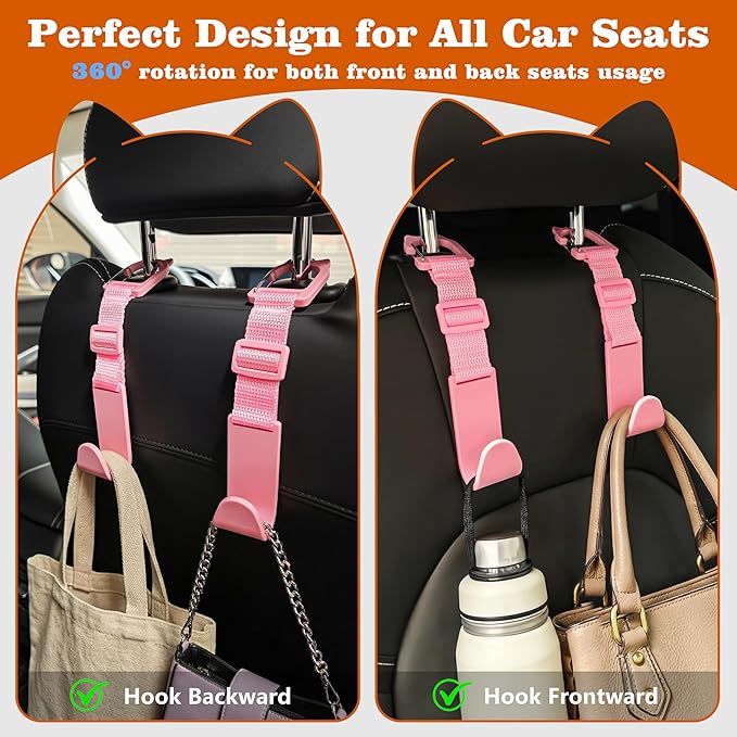 Amooca Car Headrest Hooks 4 Pack Adjustable Universal Fit Auto Seat Back Organizer Storage Hanger Purse Bags Holder with Clip Pink