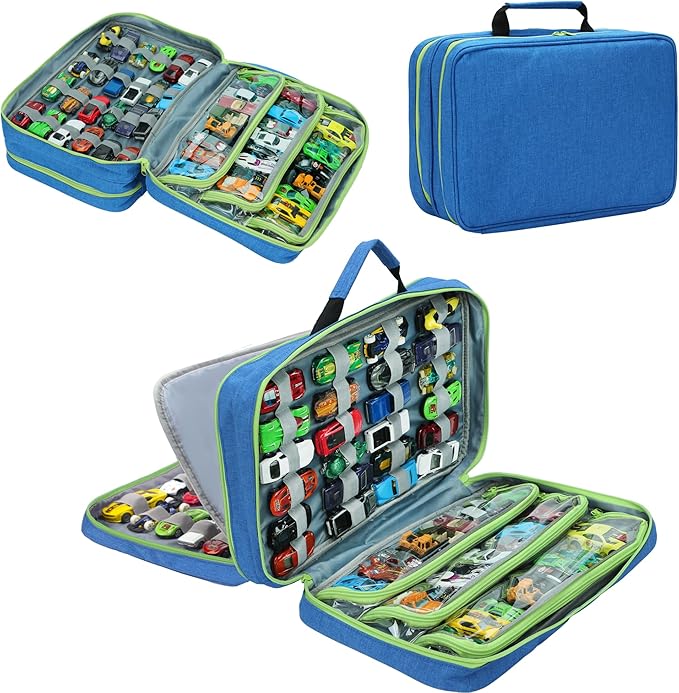 KISLANE Toy Car Storage Case with Elastic Bands and PVC Compartments - Holds 105 Diecast Cars, Matchbox Cars Storage Case, Portable Carrying case with Zipper Pockets (Blue)