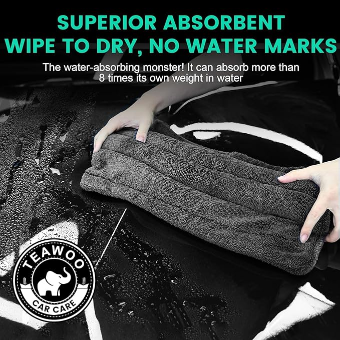 TEAWOO 2 Pack Double-Sided Car Care Extra-Large, Ultra-Absorbant Microfiber Drying Towel for Cars and Trucks, Super Absorbent Car Drying Towel, 1300GSM, 35" x 24"