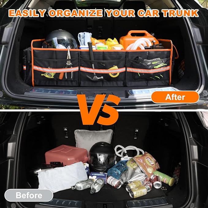 95L Car Trunk Organizer with Removable Cooler Bag, Collapsible Trunk Storage Organizer with Removable Lid - Multi Compartment Waterproof Storage Organization, Fits Most Car, Truck, Orange