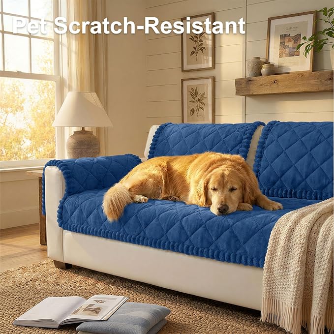 Smiry Fuzzy Couch Cover for Dogs, Non Slip Washable Pet Sofa Cover, Scratch Proof Hair Resistant Plush Sofa Slipcover, Pet Friendly Couch Cushion Protector for Cat, Navy, 27.6" x 82.7"