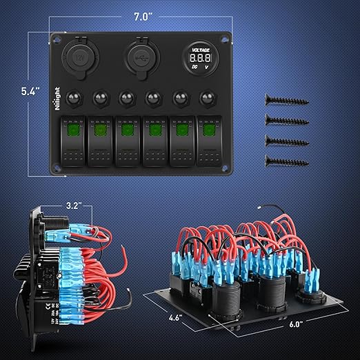 Nilight 6 Gang Rocker Switch Panel Waterproof Pre-Wired Aluminum Panels with PD Type C and USB Cigarette Lighter Socket Voltmeter 12V 24V ON Off Switches for Car Trucks Boats RVs Green