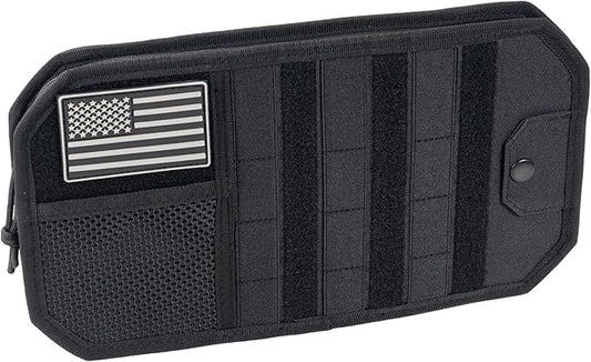 Car Visor Organizer, Sun Visor Organizer for Trucks Cars SUVs, Tactical Car Accessories with Zipper Visor Storage Pouch, Glasses Clip and Card Sleeve Pocket, Molle Visor Organizer with Panel (Black)