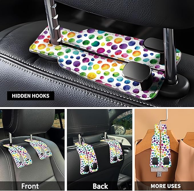 Car Seat Headrest Hook, Universal Leather Cute Hanger Holder Hook, Storage Organizer Interior Accessories for Purse Bags Handbag Colorful Polka Dots