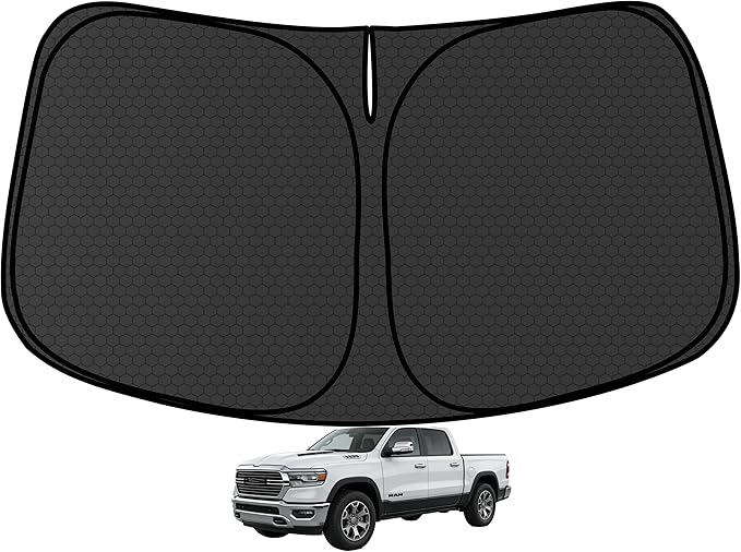 RAM1500 Customized Windshield Sun Shade for 2019-2026 RAM1500 2Dr RegularCab, 4Dr QuadCab, CrewCab, MegaCab Front Window Sunshade Visor Protector Foldable Blocks UV Rays Keep Car Cooler Accessories