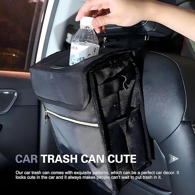 Car Trash Can with Lid, Hanging Garbage Can with Storage Pockets, 9.84 x 5.91x 9.84" Multipurpose Portable Trash Bin, Universal Car Essentials for SUV Truck (Black)