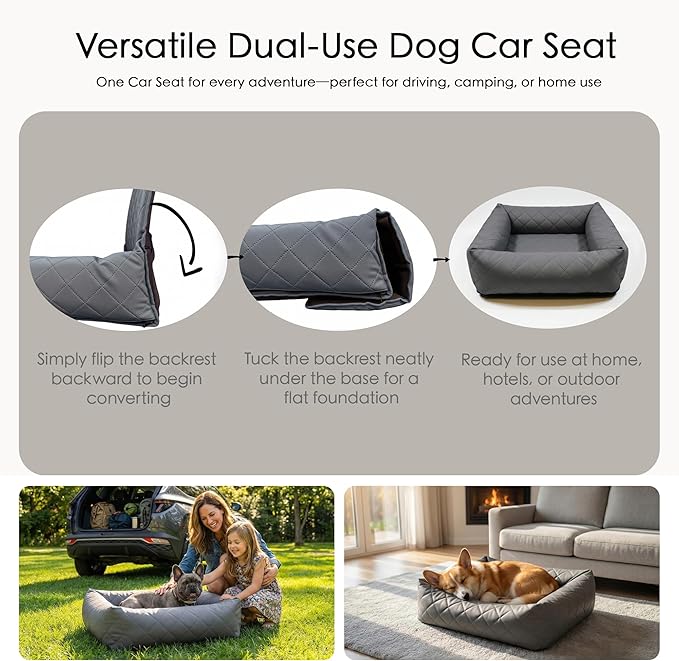 Microfiber Leather Dog Car Seat for Small & Medium Dogs, Waterproof Pet Car Seat with Washable Pee Pad, Scratch & Fur Resistant, Foldable Dog Bed for Home & Travel, Non-Slip Design, Matte Gray