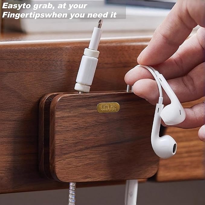 Solid Wood Self-Adhesive Cord Holder for Thick Cables - Cable Management for Nightstand, Kitchen,PC,TV & Office, USB Cable Holder, Wire Organizer