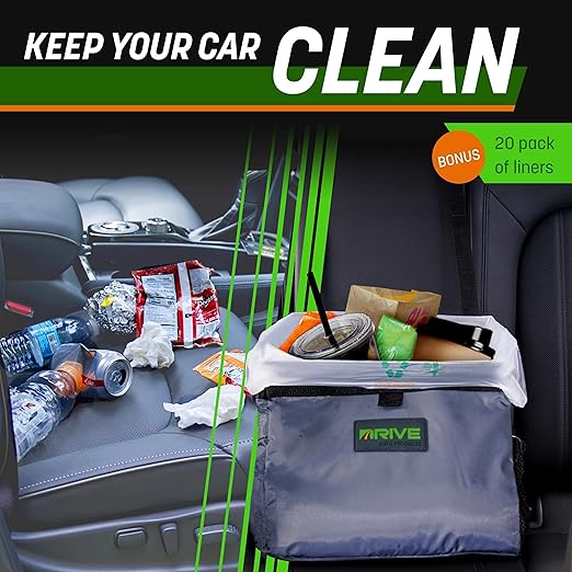 Drive Auto Car Trash Can - Leakproof, Hanging Garbage Bin with 20 Trash Bags and Pink Adjustable Strap - Truck & Car Accessories for Men and Women - Grey with No Lid
