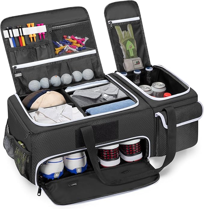 DSLEAF 2 Layer Golf Trunk Organizer with Bottom Shoe Space, Golf Car Locker for Men & Women, Holds 2-3 Shoes, Balls, Tees, Cap, Gloves and Clothes (Patenting Design)