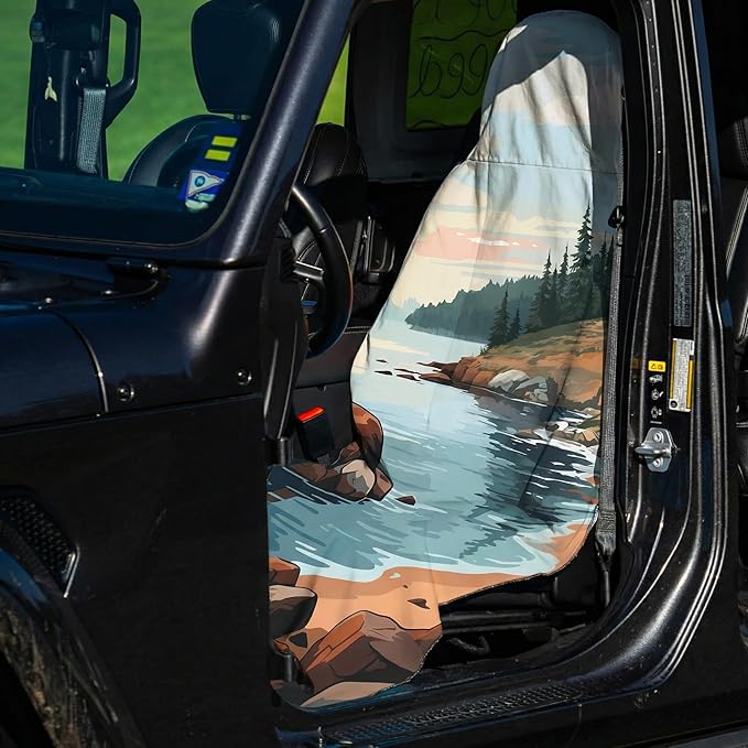 2 Pack Car Seat Towel Covers, Sweat Protector for Front Seats, Premium Thickened Microfiber with Acadia National Park, Breathable & Quick Dry, Slip-on Headrest Pocket for Gym Running Universal Fit