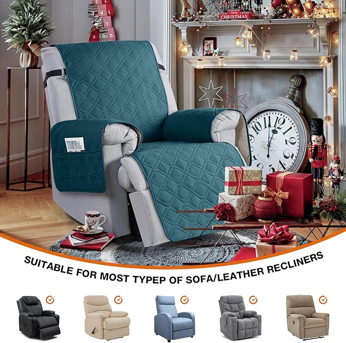VANSOFY 100% Waterproof Recliner Chair Covers, Recliner Cover Non-Slip Dog Chair Cover Furniture Protector Washable Slipcover with Pocket, Elastic Straps for Pets, Dogs(Peacock Blue, 25")
