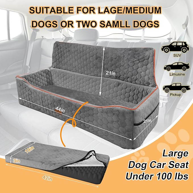 Dog Car Seat for Large Dog Under 100LBS,Pet Booster Back Seat Removable Washable Pet Travel Safety with Safety Tethers & Storage Pocket (Gray)
