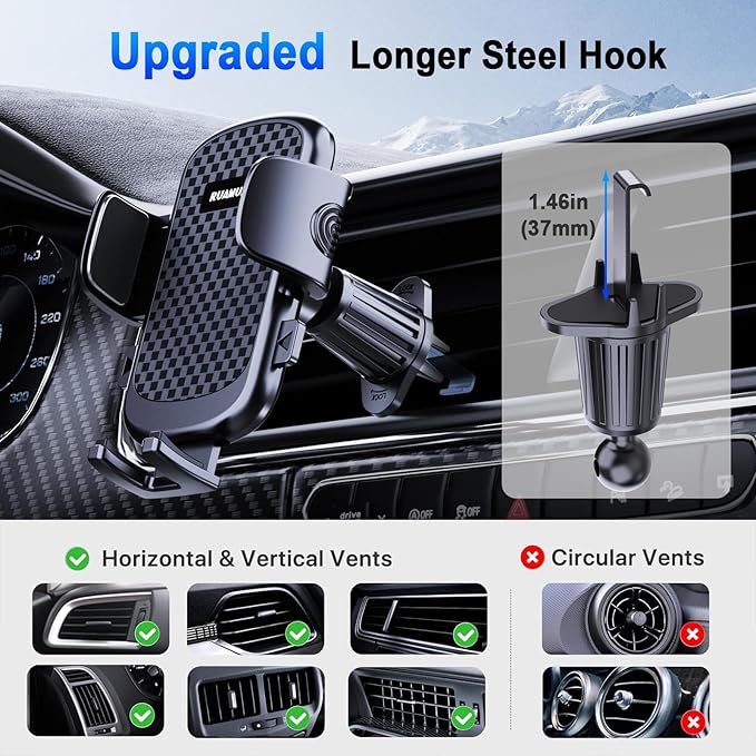 [2026 NEW] Car Phone Holder for Horizontal/Vertical Vent【Upgraded Metal Hook Clip】【Wider Clamp&Fit Thicker Case】Universal Cellphone Stand Car Mount Cradle for iPhone 17 Pro Max 16 15 14 13 Air Android