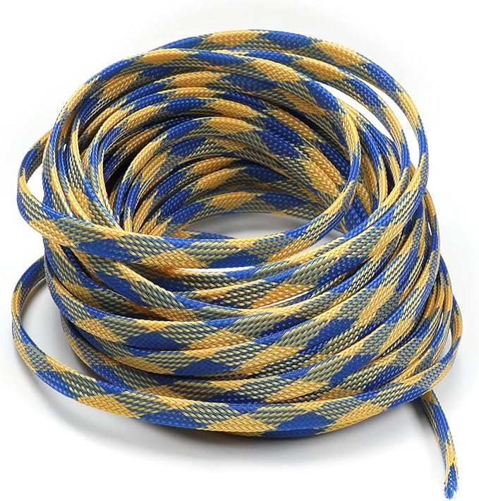 Aicosineg 32.81ft PET Flexible Braided Cable Sleeve 0.33inch Width Wire Loom Sleeving and Organizer Flexible Wire Mesh Sleeve Wrap Protector for TV Audio PC Cords from Pets Chewing Blue and Yellow
