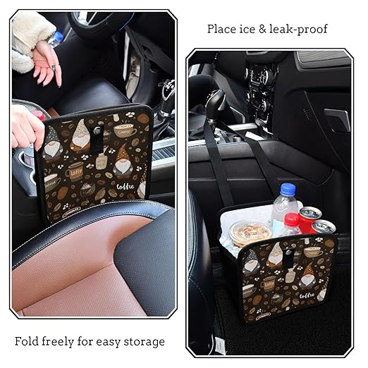Car Trash Can Organizer Bin with Adjustable Strap for Back Front Seat Console Waterproof Leakproof Collapsible Portable 11 Inch Brown Gnomes Coffee Beans Cups
