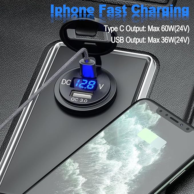 60W PD QC3.0 Fast Charging 12V Socket with Digital Voltage Display Waterproof Power Outlet for Car RV Boat Off-Road