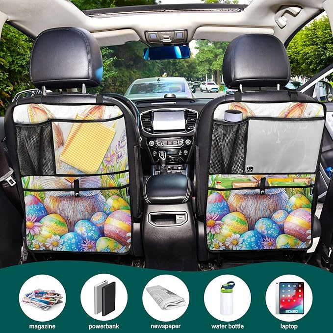 Colorful Bunny Eggs 1 Pack Backseat Car Organizer with Storage Pockets Seat Back Organizers for Kids Kick Mats Backseat Protector Automotive
