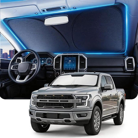 DMJN Front Windshield Sun Shade for Ford F150 F250 F350 F450 (2021-2026), [Nano Ice-Crystal Coatings] UPF50+ Heat & UV Block, Protect Car Interior & Keep Cool, Flodable Steel-Ring Car Cover for Summer