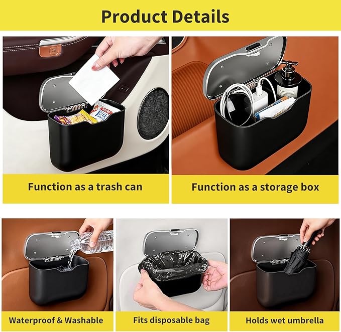 Mini Car Trash Can with Lid, Leakproof Car Trash Bin Small Car Garbage Can for Back Seat Front Seat Door Dry/Wet Waste, Universal Hanging Trash Can for Car, Sedan, Trucks, SUVs, Most Vehicles (Black)