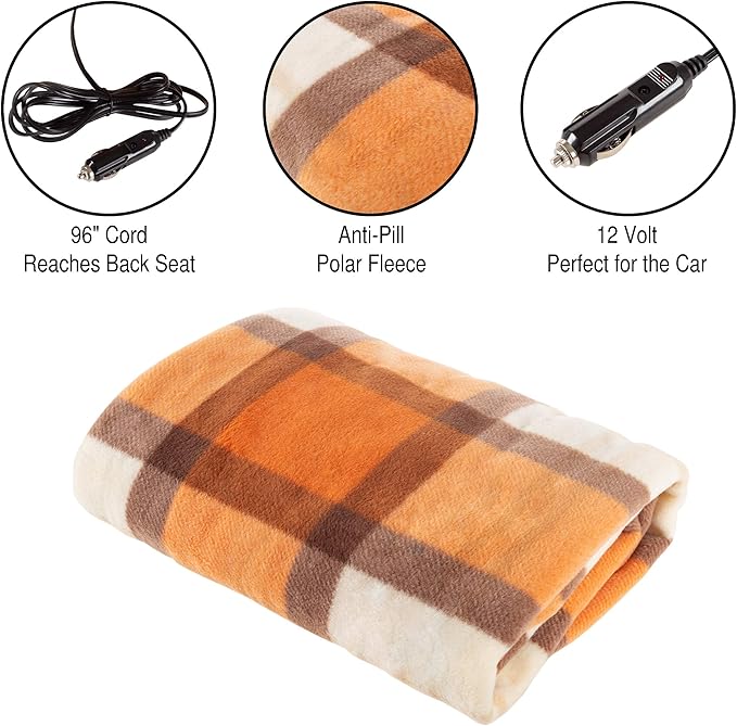 Heated Car Blanket - 12V Electric Travel Blanket for Car, Truck, SUV or RV - Portable Heated Throw for Road Trips, Camping or Winter Emergency Kit for Cold Weather Travel by Stalwart (Orange Plaid)