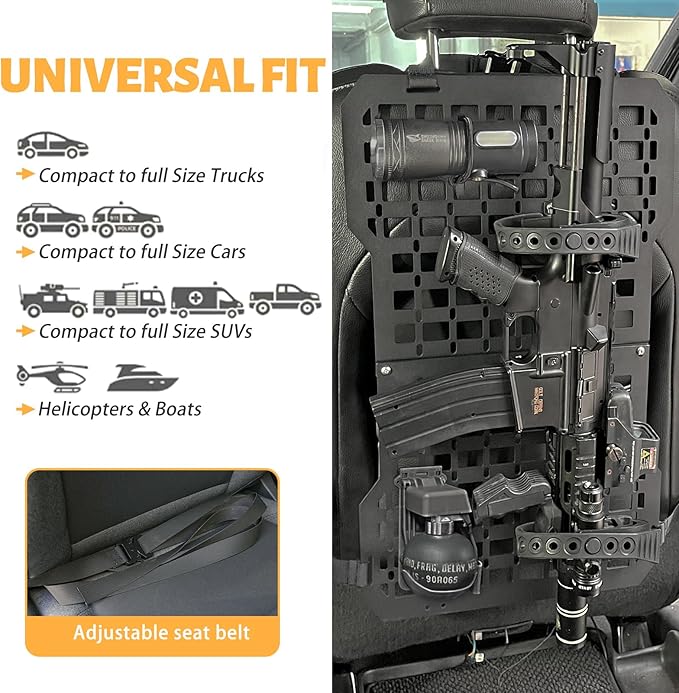 MAIKER Rigid Molle Panels For Vehicles Truck Mount Rack Tactical Seat Back Organizer Versatile Panel with Gun Rack Mount & Hook and Loop Fasteners & Elastic Rope for Storage Gears Accessories, Black
