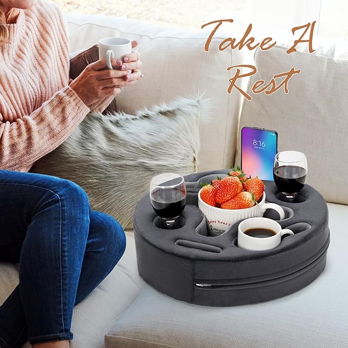 Couch Cup Holder-Sofa Cup Holder Pillow | Couch Caddy Buddy | Drinks Cupholder Tray Organizer for Bed, Rv, Tv, Car, Man Cave, Boat, Remote, Snacks| Gift for Couch Potato,Newborns' Partent (Grey)
