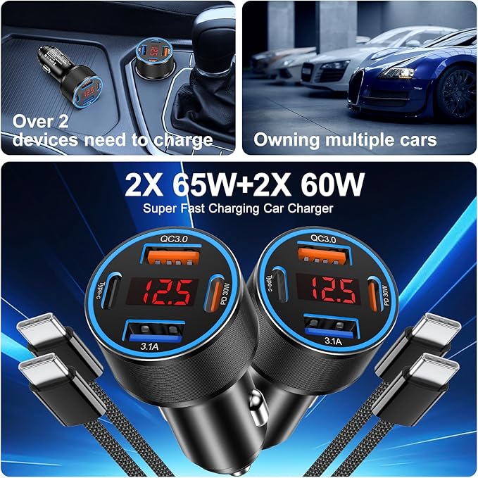 65W iPhone Car Charger Fast Charging, 2Pack 4 Port USB C Fast Car Charger+6ft Type C to C Cable, Dual USB-C&USB-A Cigarette Lighter Adapter with Voltmeter for iPhone 17 16 15 Pro Max,iPad,Galaxy,Pixel