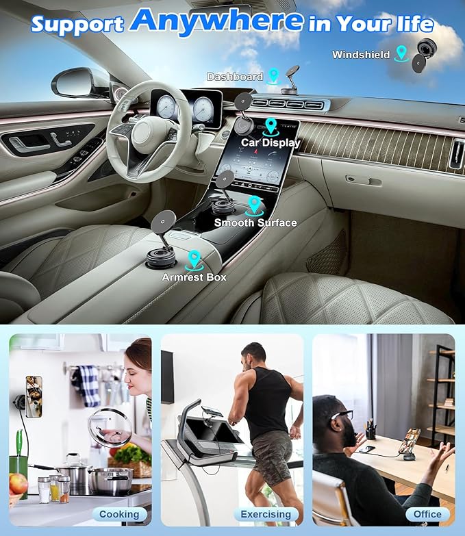 15W Wireless Charger Magnetic Car Phone Holder [Vacuum Suction Cup] 360° Adjustable & Foldable Car Mount for Dashboard/Windshield/Smooth Surface [Compatible with MagSafe] for iPhone/Samsung