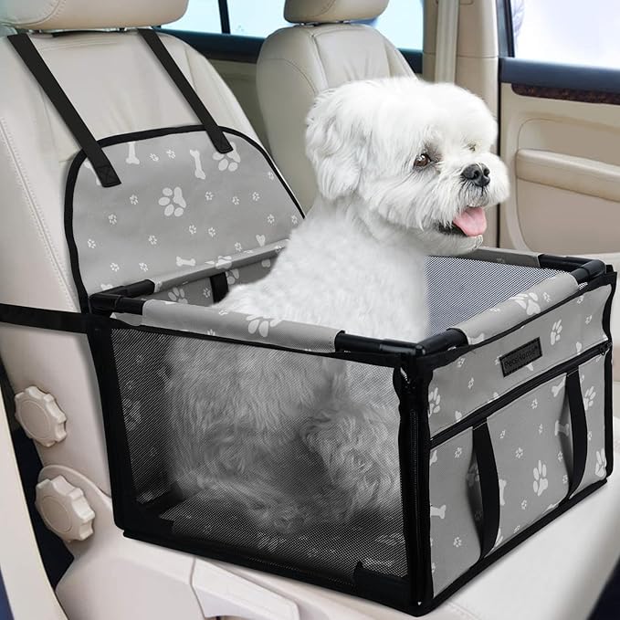 PetsHome Dog Car Seat Foldable Dog Car Booster Seat Waterproof Breathable Oxford Travel Bag for Small to Medium Dogs, Puppies, and Pets-Pattern Grey-Upgrade