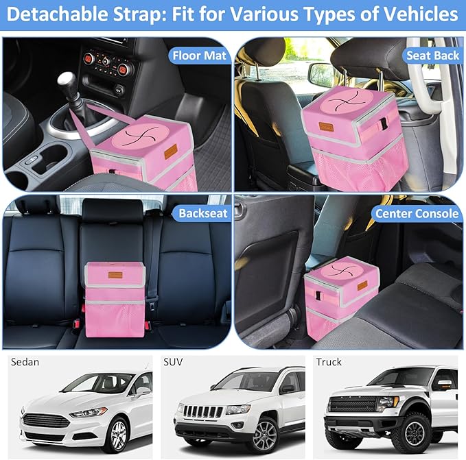 ELONGRIVER Car Trash Can Bin for Back Seat Leak Proof, Cute Car Trash Bag Hanging, Vehicle Trash Can for SUV Truck Van, Automotive Garbage Cans Front Seat Pink