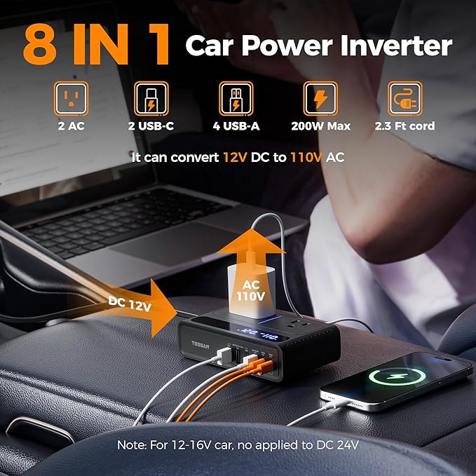 200W Car Power Inverter, TESSAN 12V DC to 110V AC Converter with 2 AC Outlets and 6 USB Ports with 65W USB-C, Car Charger Adapter PD/QC 3.0 Fast Charging, Car-Essentials for Camping, Road Trip, Black