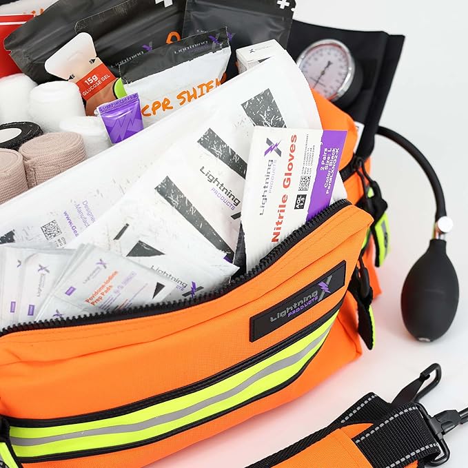 Lightning X Mid-Sized First Responder EMT Bag | LXMB25 | Fully Stocked w/ 240+ First Aid, EMS & Trauma Supplies - Orange