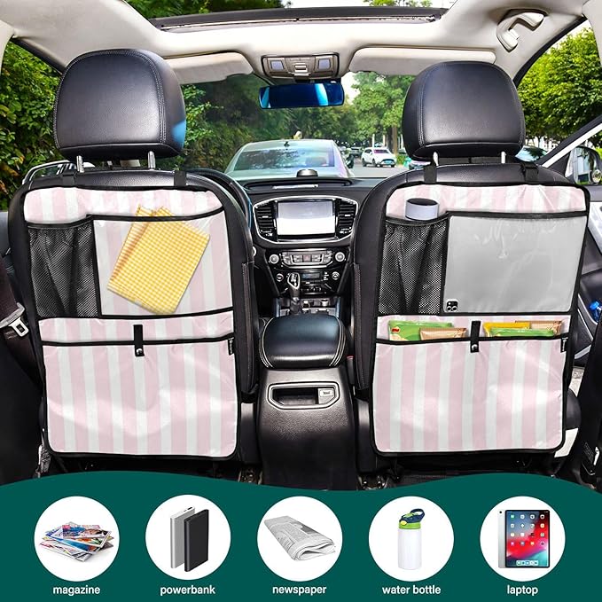 Pink and White Stripes 2 Pack Backseat Car Organizer with Storage Pockets Seat Back Organizers for Kids Kick Mats Backseat Protector Automotive