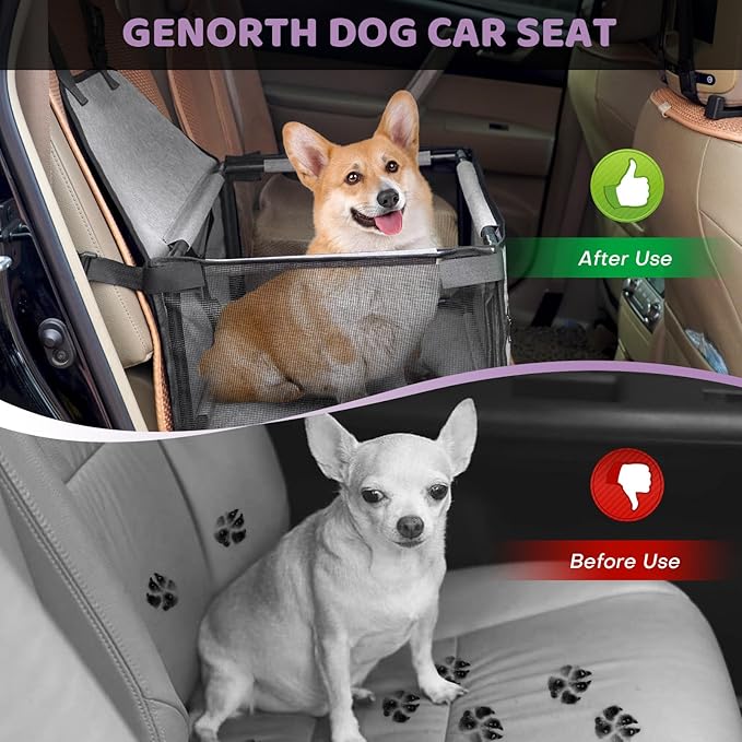 GENORTH Small Dog Car Seat - Portable Puppy/Pet Booster Seat with Clip-On Leash and Mesh Window for Small Pets Up to 11 lbs