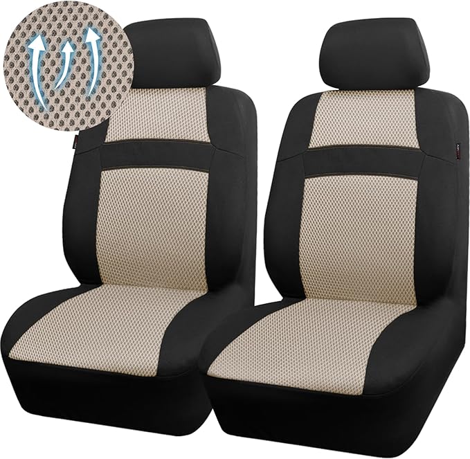CAR PASS Car Seat Covers Front Seats Only, 3D Air Mesh Car Seat Cover with 5mm Composite Sponge Inside,Airbag Compatible Universal Fit SUV,Vans,sedans, Trucks, Automotive Interior Covers(Black Beige)