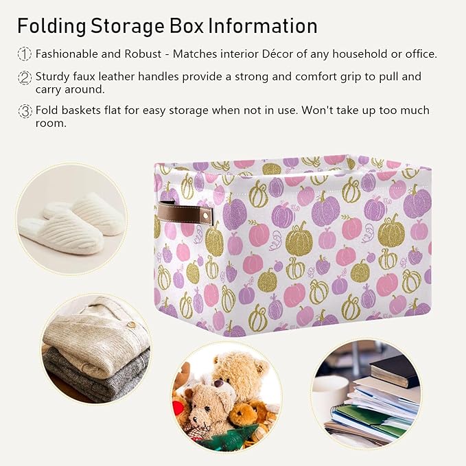 Wamika Pumpkin Pink Purple Storage Basket with Waterproof Liner and PU Handles Fall Thanksgiving Day Storage Bins Boxes 14.2" Collapsible Decorative Organizer Baskets for Bedroom Closet Office 1 Pack