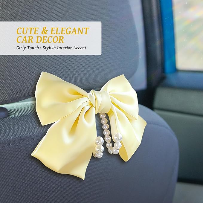 2 PCS Bow Pearl Car Seat Headrest Hook – Cute Purse Hook for Car, Girly Interior Decoration Accessories Hook Hanger, Seatback Holder for Purses & Bags, Elegant Car Organizer (Pearl White)