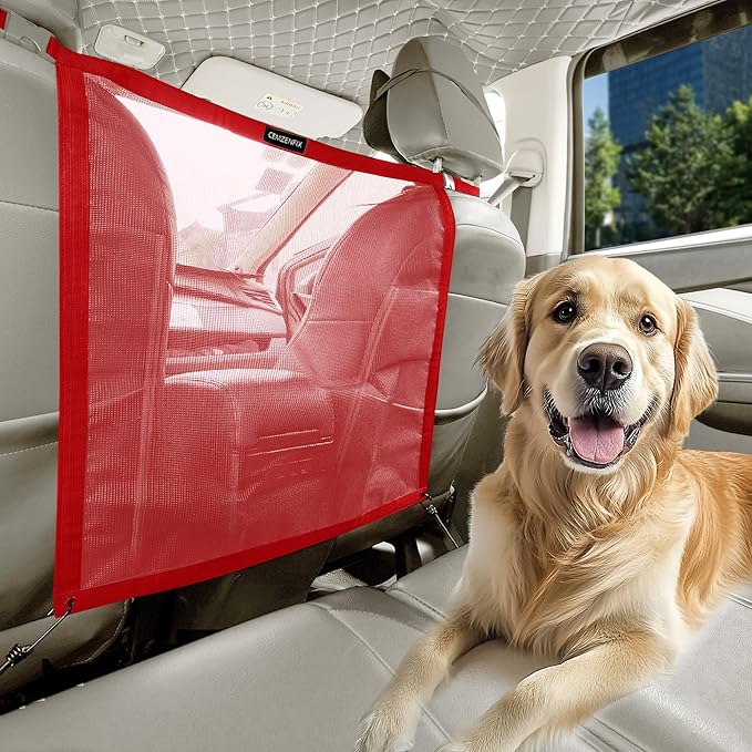 Universal Dog Car Net Barrier – Sturdy Mesh, Easy Install, Breathable Design, Easy to Clean, Flexible Bungee Cords for Adjustable Fit 23"×23" (Red)