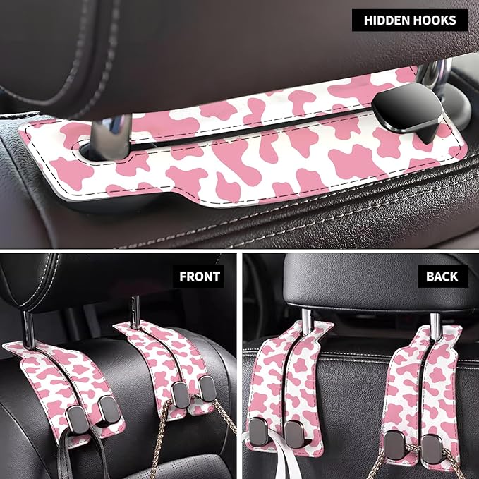 Car Seat Back Storage Headrest Hook, Premium Leather Double Metal Hook, Hanger Storage Organizer for Purse Cloth Bag, Car Interior Accessories Pink Cute Cowhide