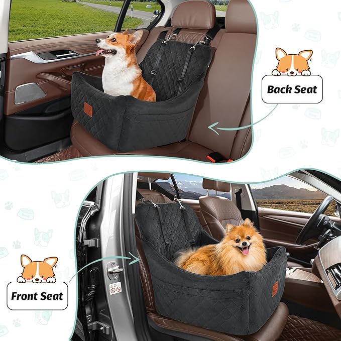 Lealchum Dog Car Seat for Medium Dogs Up to 40lbs,Fully Detachable and Washable,Memory Foam Covered Soft Fabric,Easy to Install with Adjustable Straps,Anti-Slip Base,Two Side Pockets(Black,Medium)