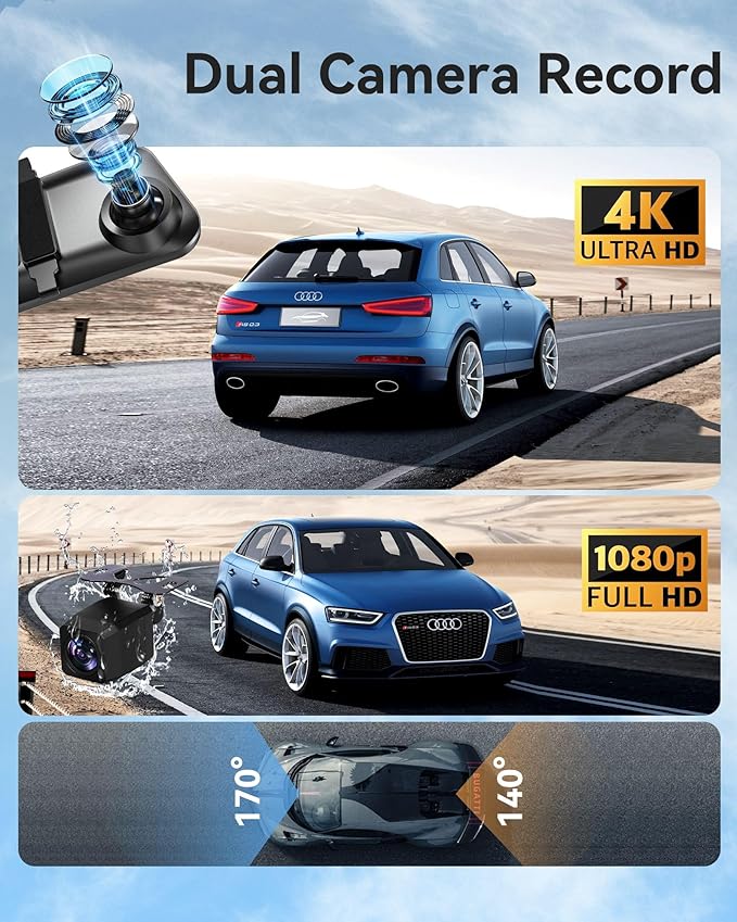 4K Rear View Mirror Camera with Carplay&Android Auto,12" Mirror Dash Cam Front and Rear with Voice Control for Cars&Trucks,Smart Touch Screen,64GB Card Included/Loop Record/Reverse Assist