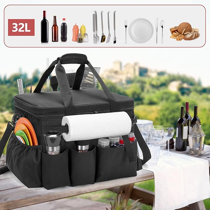 Large Grill Caddy with Lid, BBQ and Picnic Bag Organizer with Paper Towel Holder, Tailgating Accessories Basket for Barbecue Utensil & Camping Gear Must Haves, Black, Bag Only