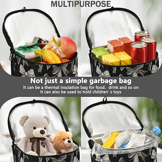Car Trash Can Black White Bow Car Garbage Bag with Lid Hanging Waterproof Leak Proof Vehicle Storage Bin
