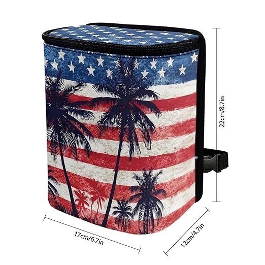 Talayituse American Flag Palm Tree Print Car Trash Can Portable Auto Garbage Bin Multifunctional Vehicle Interior Accessories with Adjustable Straps 4th of July Decor Universal Fit Truck SUV Sedan