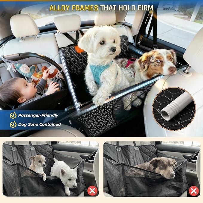 Dog Car Seat for Large Medium Dogs | Waterproof Dog Seat Cover for Back Seat with Hard Bottom | Alloy Twist-Lock Rods | 3 Mesh Windows | Removable Fleece Mat | Cars, SUVs, Trucks