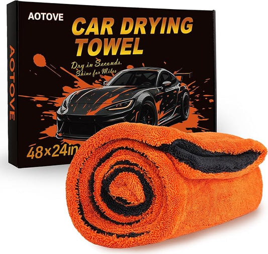48”x24” Car Drying Towel, XXL Dual Sided Microfiber SUV Cleaning Towel 1300GSM Lint-Free & Scratch-Free Super Absorbent RV Drying Cloth Machine Washable (Black-BrightOrange)