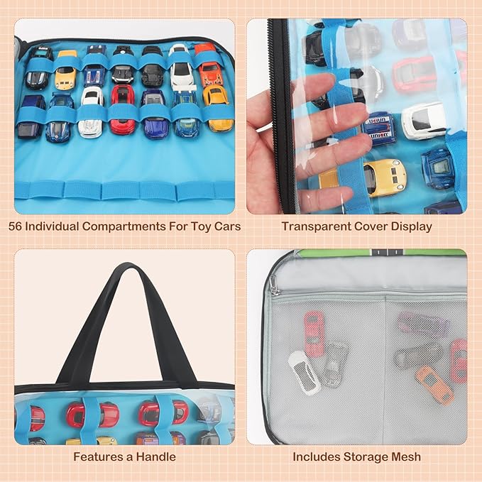 56 Slots Car Storage Case with Play Mat for Hot Wheels Garage & Matchbox Cars, 1/64 Scale Diecast Toy Car for Double-Sided Storage Carrying Bag, Portable Organizer for Hot Wheels Display Case