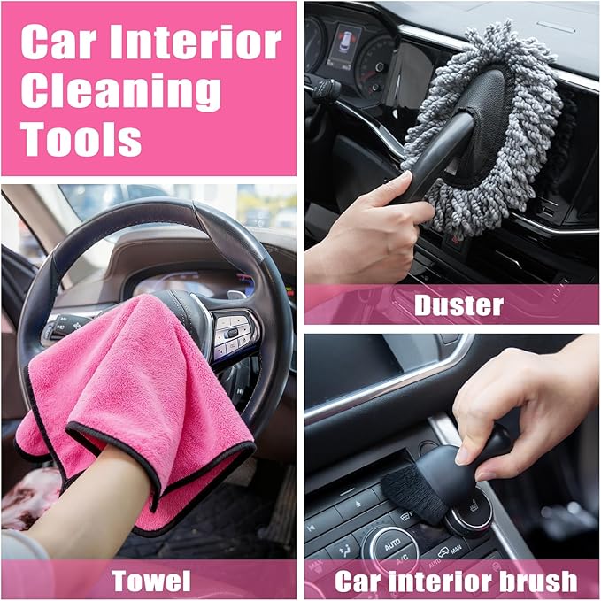 AUTODECO Windshield Cleaner Tool, 17Pcs Car Interior Detailing Kit, Detailing Brush, Towels, Duster, Car Cleaning Kit Interior for RVs, Truck, Trailer (Pink)